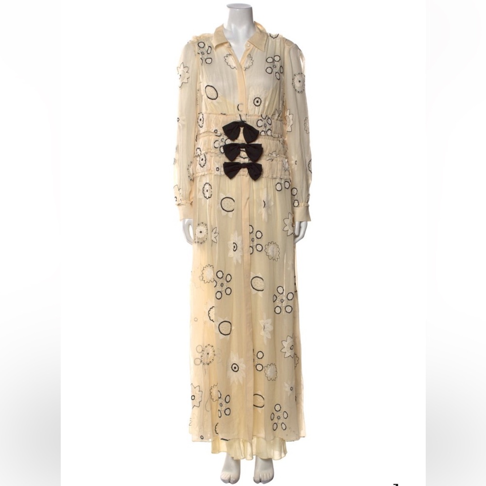 Rebecca Taylor Cream Floral Maxi Dress with Black Bow Detail